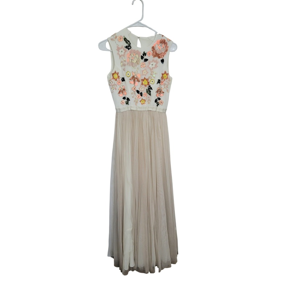 Needle & Thread Trailing Floral Maxi Dress Cream Sequin Tulle Gown US Size‎ 4